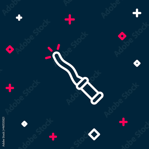 Line Magic wand icon isolated on blue background. Star shape magic accessory. Magical power. Happy Halloween party. Colorful outline concept. Vector