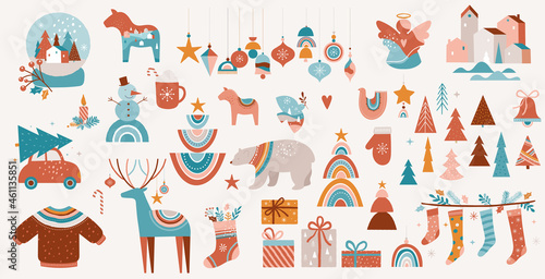 Merry Christmas Boho, Bohemian collection. Vector trendy Xmas design and illustration. Rainbows, decorations and Nordic winter elements