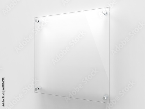 Blank square transparent glass office corporate Signage plate Mock Up Template, Clear Printing Board For Branding, Logo. Transparent acrylic advertising signboard mockup side view. 3D rendering