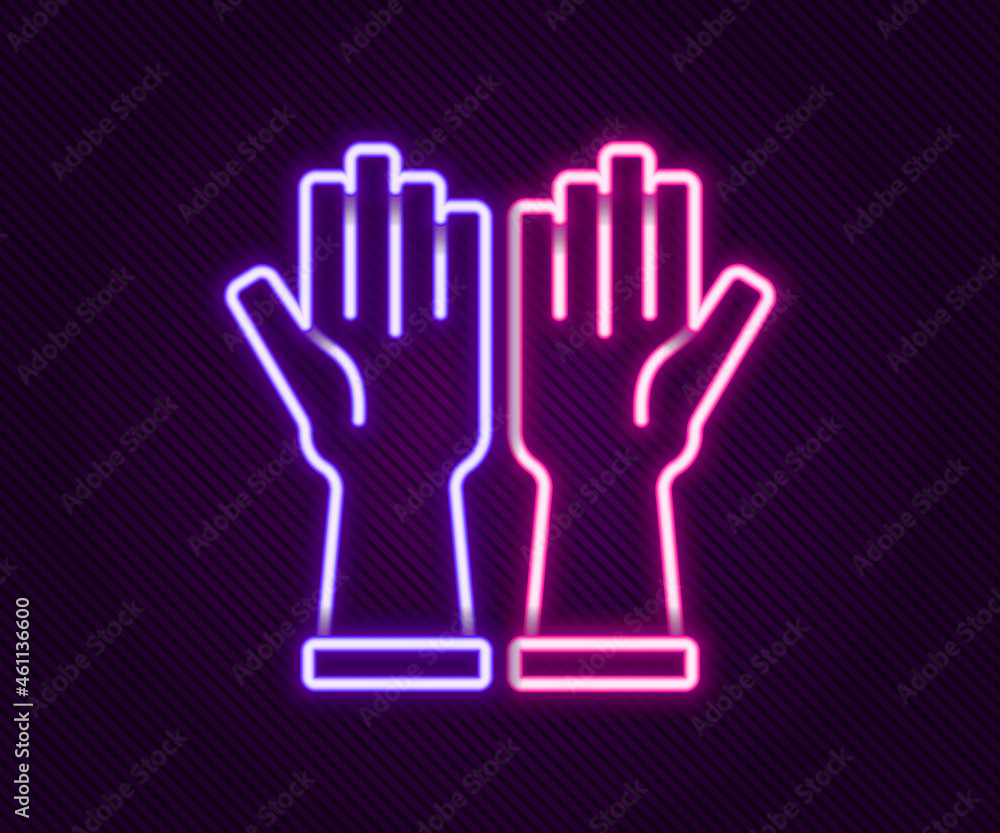 Obraz premium Glowing neon line Rubber gloves icon isolated on black background. Latex hand protection sign. Housework cleaning equipment symbol. Colorful outline concept. Vector