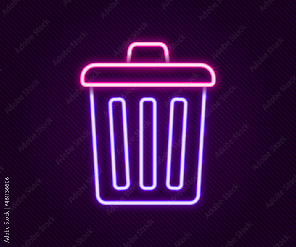Glowing neon line Trash can icon isolated on black background. Garbage bin sign. Recycle basket icon. Office trash icon. Colorful outline concept. Vector Glowing neon line Trash can icon isolated on black background. Garbage bin sign. Recycle basket icon. Office trash icon. Colorful outline concept. Vector