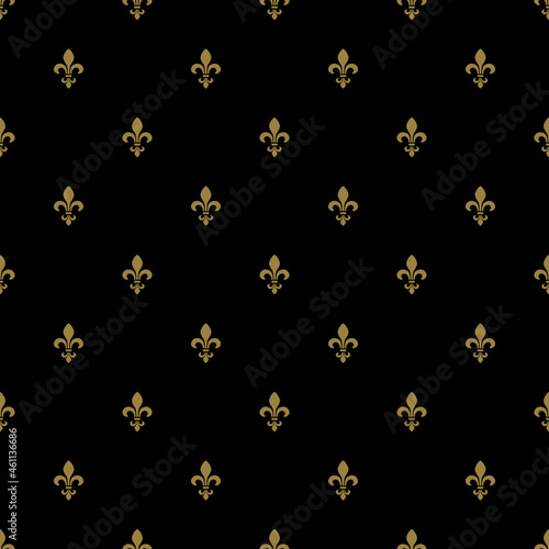Seamless pattern with heraldic fleur de lis symbol. Small golden silhouettes on black background.