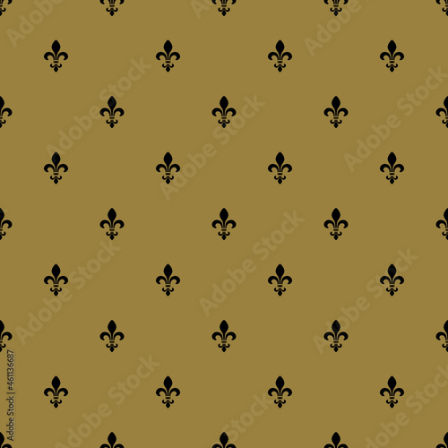 Seamless pattern with heraldic fleur de lis symbol. Small black silhouettes on gold background.