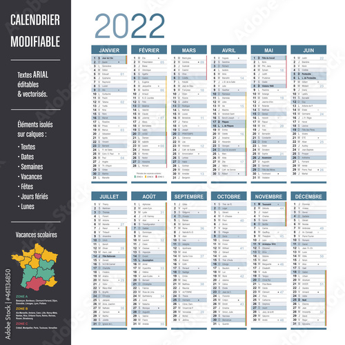 Calendrier 2022 modifiable - Eléments isolés sur calques, textes en Arial, éditables et vectorisés.