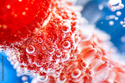 Valokuva Raspberry with bubbles around it like in seltzer water or tonic water, delicious, cool, refreshing and light
