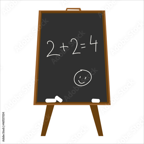 Blackboard with math lesson. Writing 2 2 in chalk on a black slate board. Vector illustration in cartoon children's style. Isolated funny clipart. Cute print