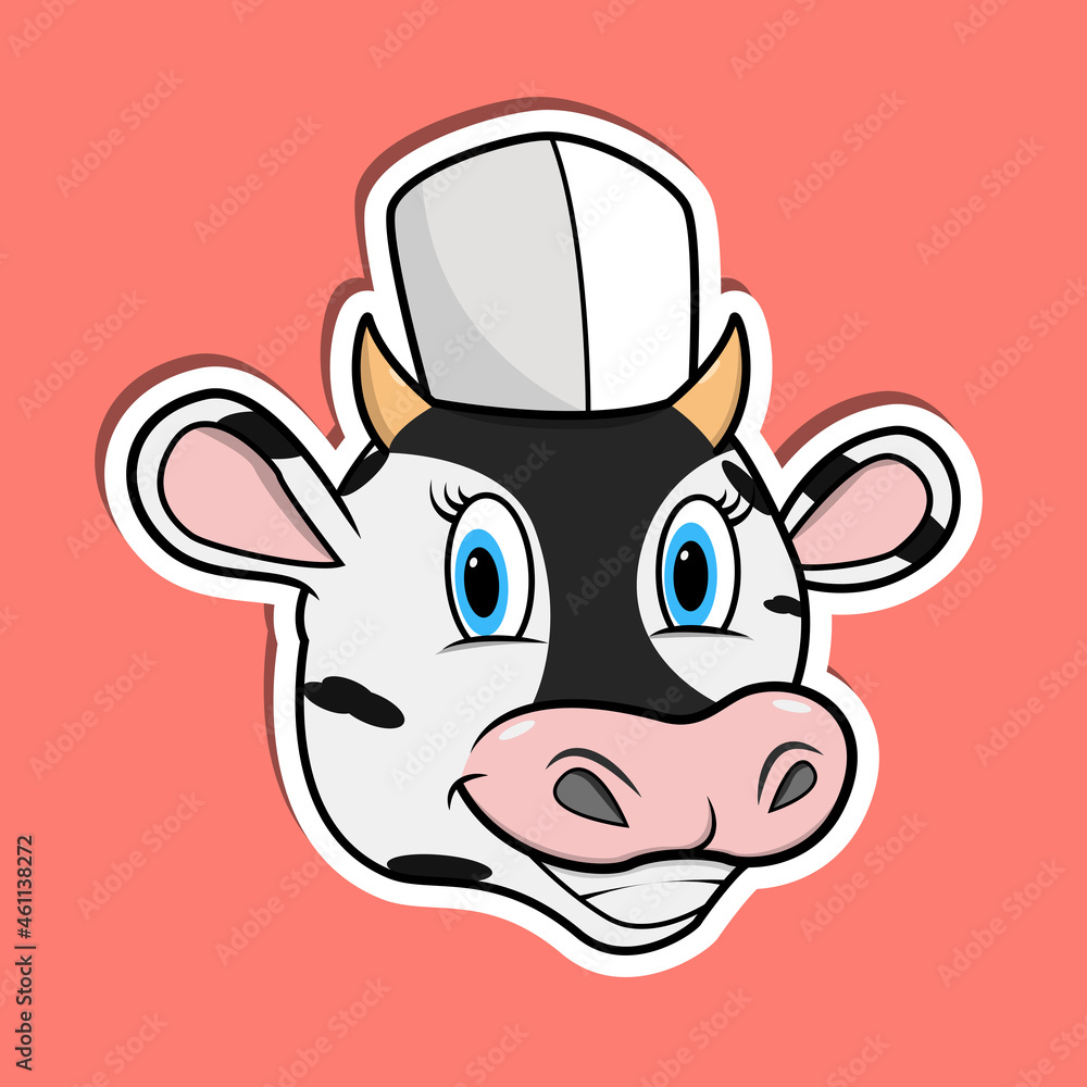 Animal Face Sticker With Cow Wearing Chef Hat. Character Design Animal Face Sticker With Cow Wearing Chef Hat. Character Design