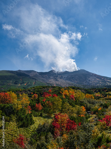 望岳台の紅葉と噴煙 