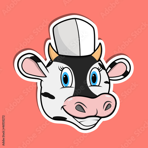 Animal Face Sticker With Cow Wearing Chef  Hat. Character Design