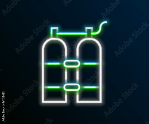 Glowing neon line Aqualung icon isolated on black background. Oxygen tank for diver. Diving equipment. Extreme sport. Diving underwater equipment. Colorful outline concept. Vector