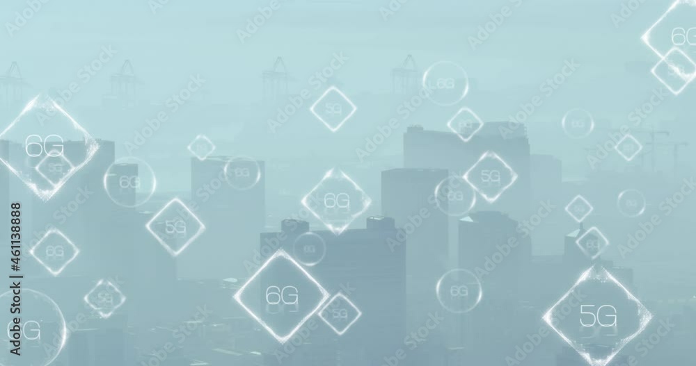5g and 6g text over multiple banners against aerial view of cityscape 5g and 6g text over multiple banners against aerial view of cityscape