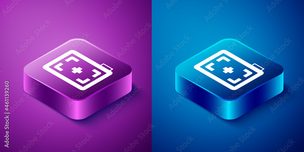 Isometric Photo camera icon isolated on blue and purple background. Foto camera. Digital photography. Square button. Vector Isometric Photo camera icon isolated on blue and purple background. Foto camera. Digital photography. Square button. Vector