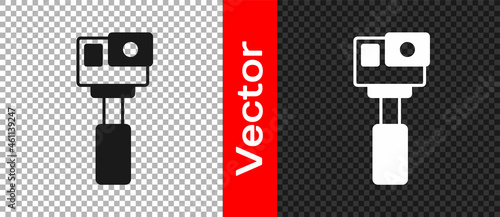 Black Action extreme camera icon isolated on transparent background. Video camera equipment for filming extreme sports. Vector