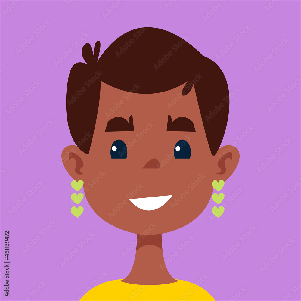 Obraz premium A girl with short black hair and black skin, an avatar of an African woman. Portrait of a cute character. Vector illustration in cartoon children s style. Isolated funny clipart