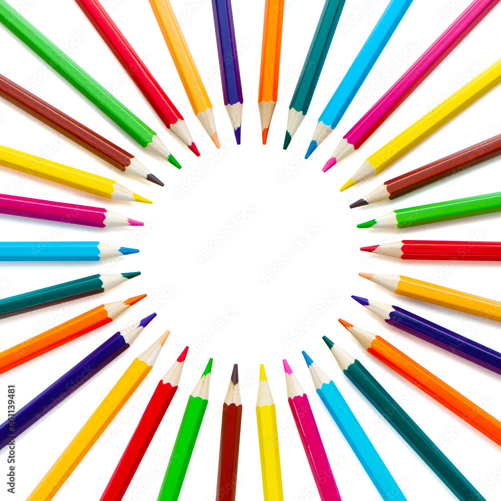 A lot of colorful pencils putted in circle shape on white background. A lot of colorful pencils putted in circle shape on white background.