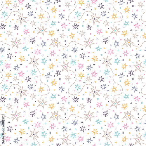 Hand drawn seamless pattern with stars and sparkles. Space. Constellation. Scandinavian doodle style. Design for textile, fabric, wrapping, wallpaper