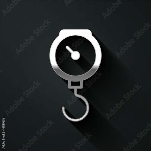 Silver Hand scale spring mechanical icon isolated on black background. Long shadow style. Vector