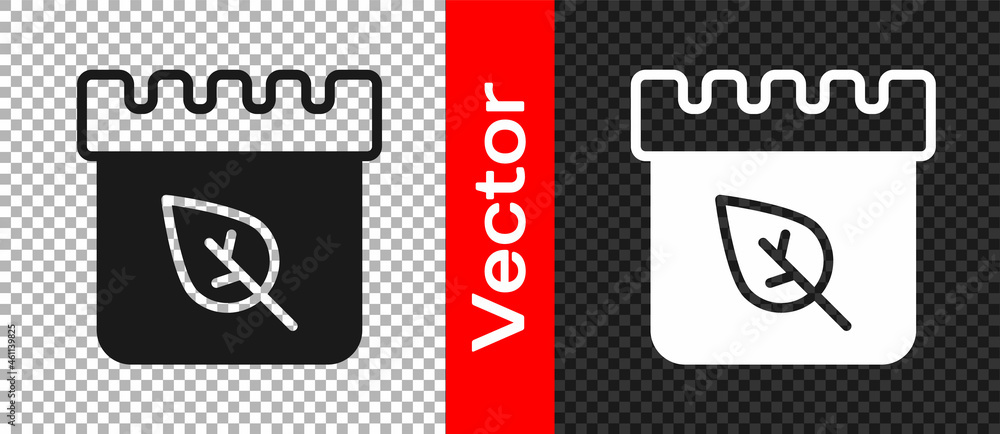 Black Calendar with autumn leaves icon isolated on transparent background. Vector Black Calendar with autumn leaves icon isolated on transparent background. Vector