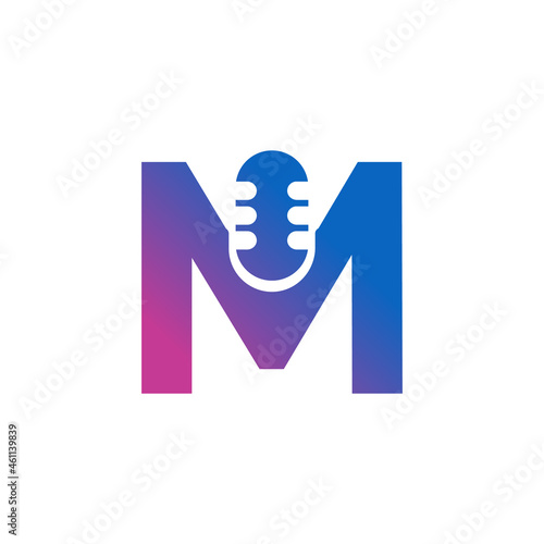 Letter M Podcast Record Logo. Alphabet with Microphone Icon Vector Illustration