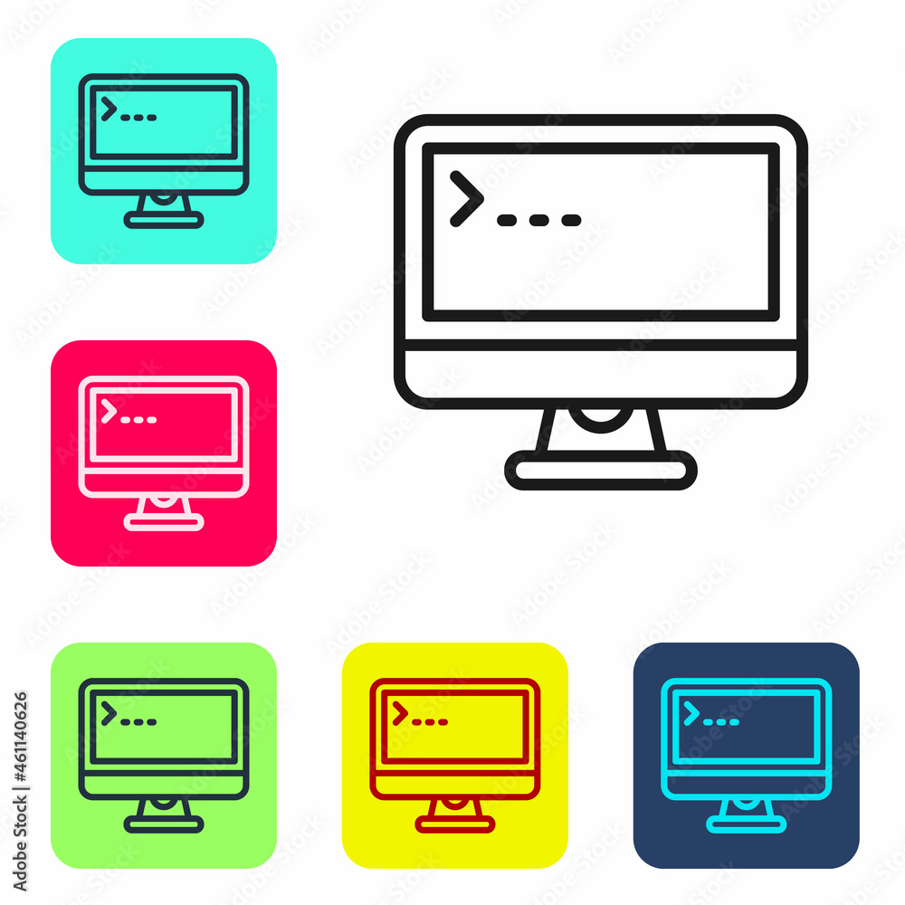 Black line Computer monitor screen icon isolated on white background. Electronic device. Front view. Set icons in color square buttons. Vector Black line Computer monitor screen icon isolated on white background. Electronic device. Front view. Set icons in color square buttons. Vector