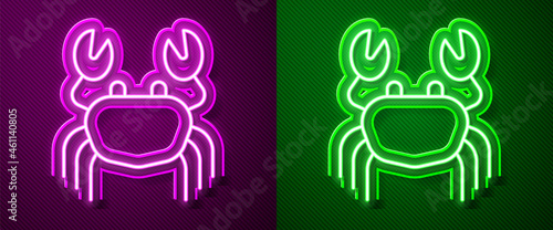 Glowing neon line Crab icon isolated on purple and green background. Vector