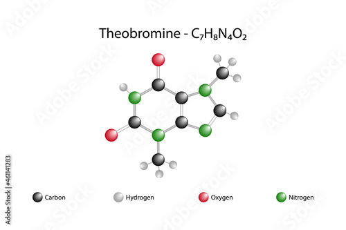 Molecular structure of theobromine. Theobromine is a bitter alkaloid found in the cocoa plant. photo