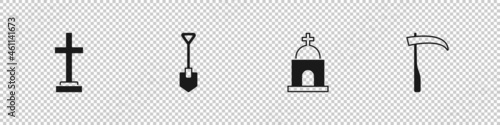 Set Grave with cross, Shovel, Old crypt and Scythe icon. Vector