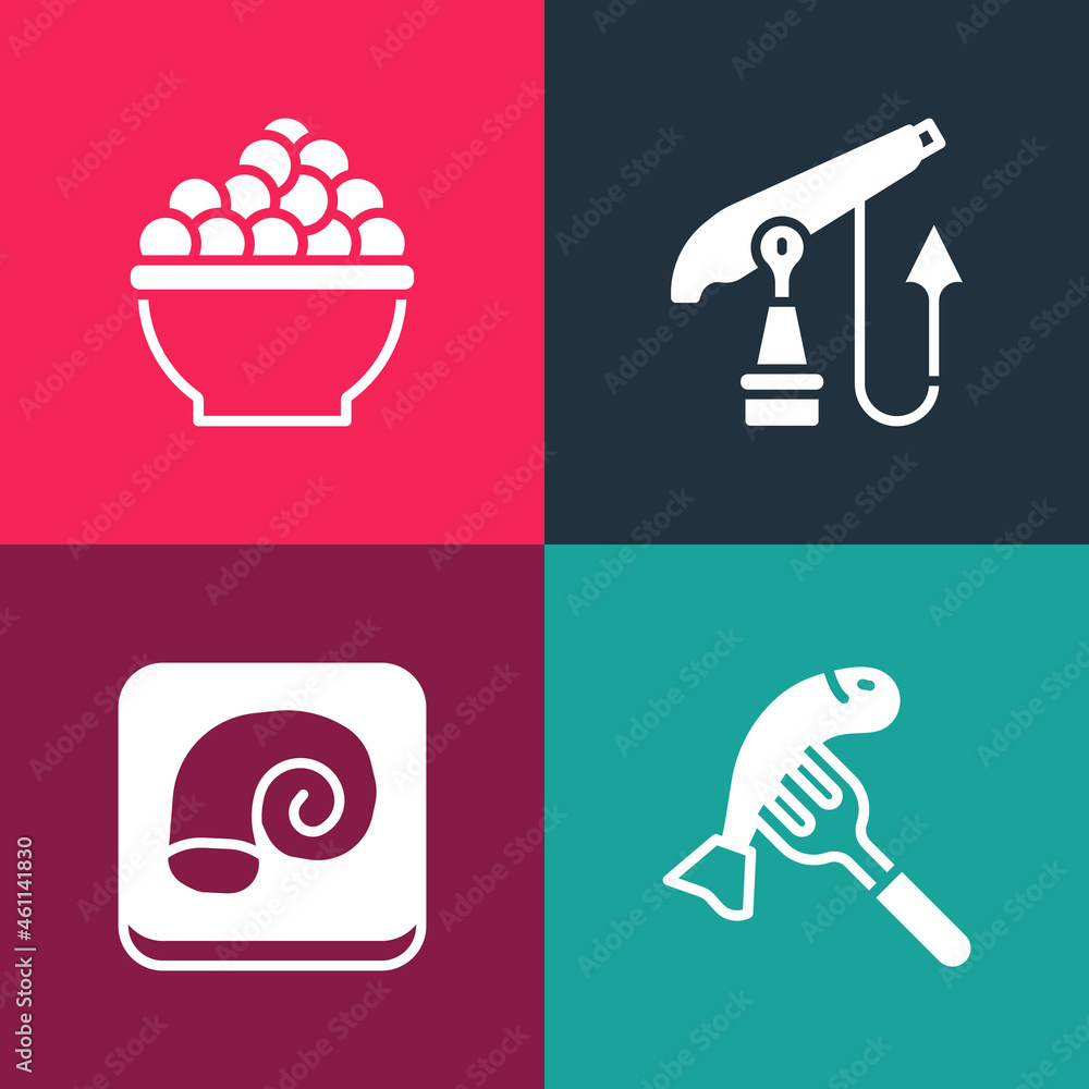 Set pop art Served fish on a plate, Octopus, Fishing harpoon and Caviar icon. Vector Set pop art Served fish on a plate, Octopus, Fishing harpoon and Caviar icon. Vector