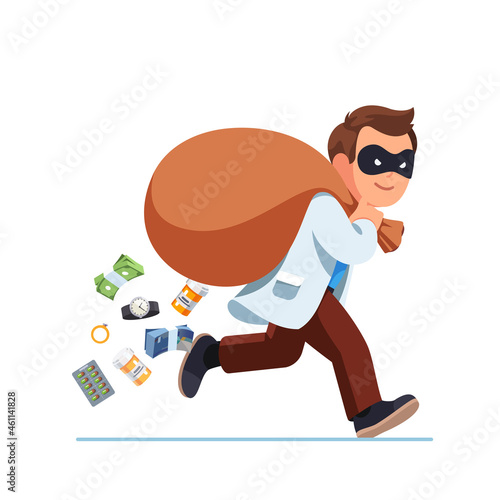 Worker doctor thief with sack full of pill, money