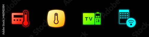 Set Thermostat, , Multimedia and TV box receiver and Air humidifier icon. Vector