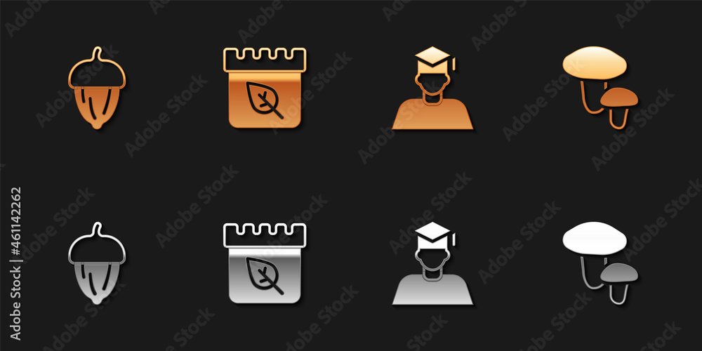 Set Acorn, Calendar with autumn leaves, Graduate and graduation cap and Mushroom icon. Vector
