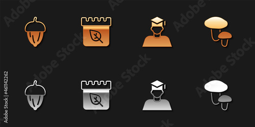 Set Acorn  Calendar with autumn leaves  Graduate and graduation cap and Mushroom icon. Vector