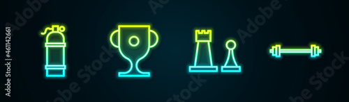 Set line Aqualung, Award cup, Chess and Barbell. Glowing neon icon. Vector
