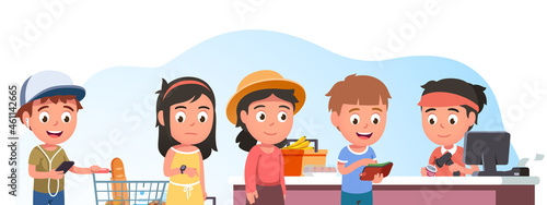Happy buyers children buying food in supermarket