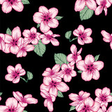 Seamless floral pattern, apple bloom dark botanical vector background illustration