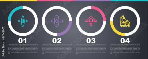 Set line Kayak or canoe, Knee pads, Hang glider and Roller skate. Business infographic template. Vector