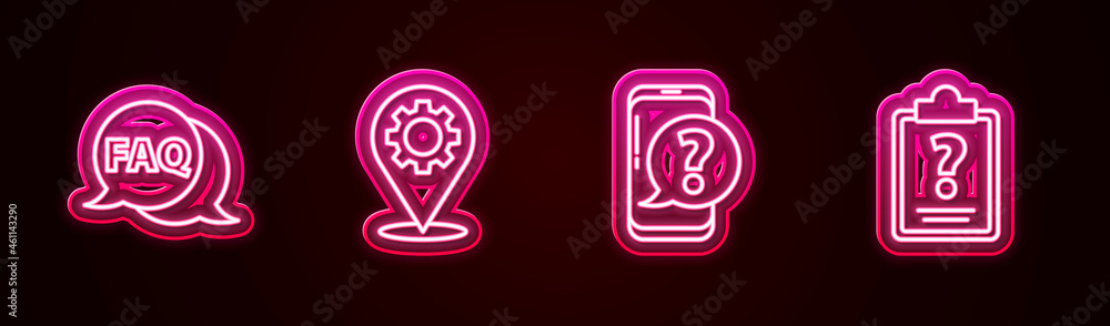 Set line Speech bubble with FAQ, Location gear, Mobile phone question and Clipboard marks. Glowing neon icon. Vector Set line Speech bubble with FAQ, Location gear, Mobile phone question and Clipboard marks. Glowing neon icon. Vector