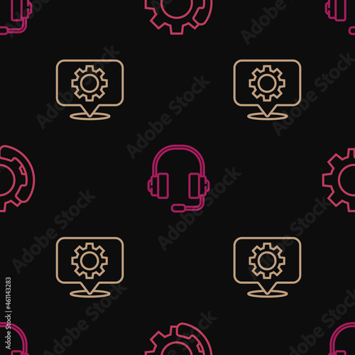 Set line Telephone 24 hours support  Location with gear and Headphones on seamless pattern. Vector