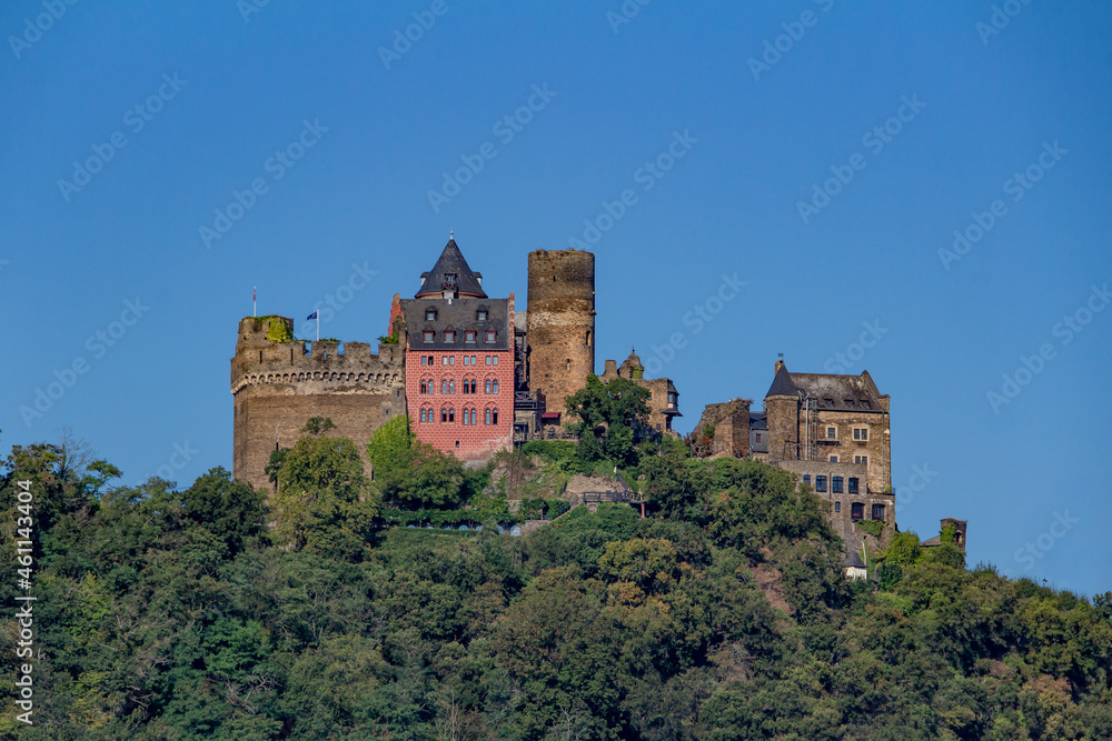 Schönburg Castle landscape on the upper middle Rhine River near Oberwesel, Germany. Also known as Burg Schönburg.
