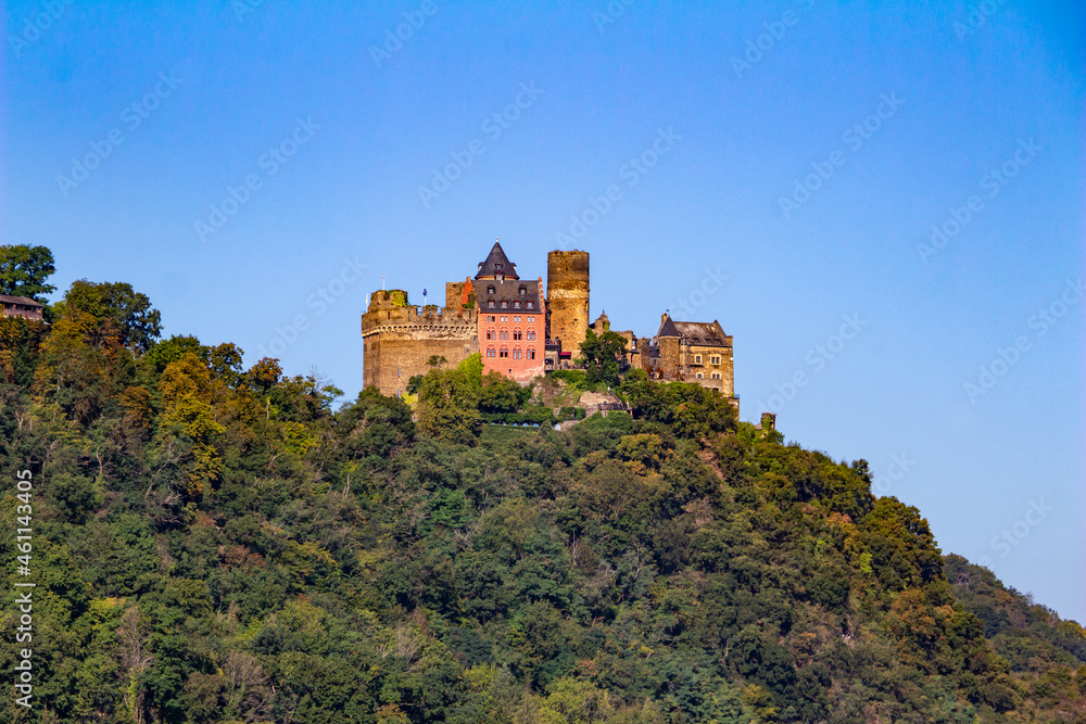 Schönburg Castle landscape on the upper middle Rhine River near Oberwesel, Germany. Also known as Burg Schönburg.