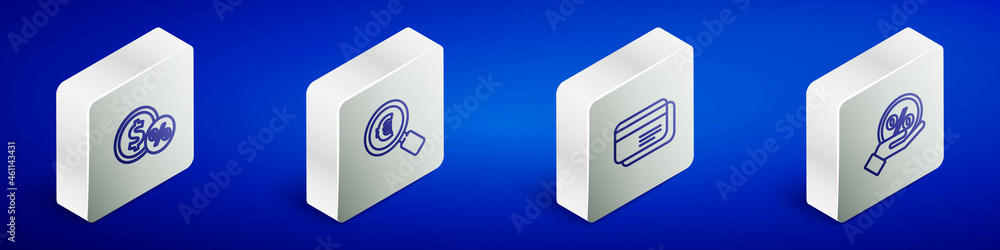 Set Isometric line Money coin with percent, Magnifying glass and euro, Credit card and Discount tag icon. Vector Set Isometric line Money coin with percent, Magnifying glass and euro, Credit card and Discount tag icon. Vector