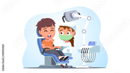 Patient kid, visiting dentist in dental clinic