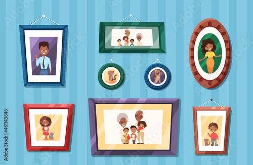 Big African American family photos portraits in colored frames on wall. Mother and father with baby, grandparents and children. Vector cartoon flat illustration