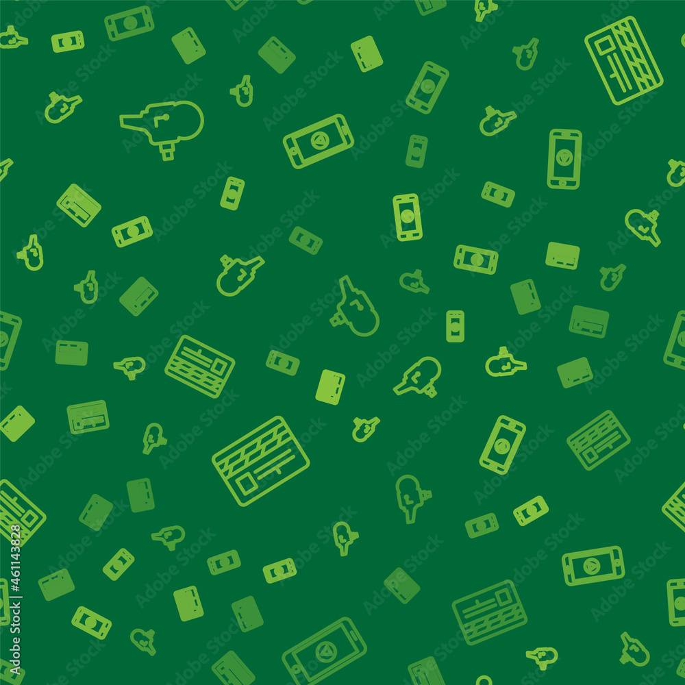 Set line Retro cinema camera, Movie clapper and Online play video on seamless pattern. Vector