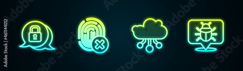 Set line Cyber security, Cancelled fingerprint, Internet of things and System bug. Glowing neon icon. Vector