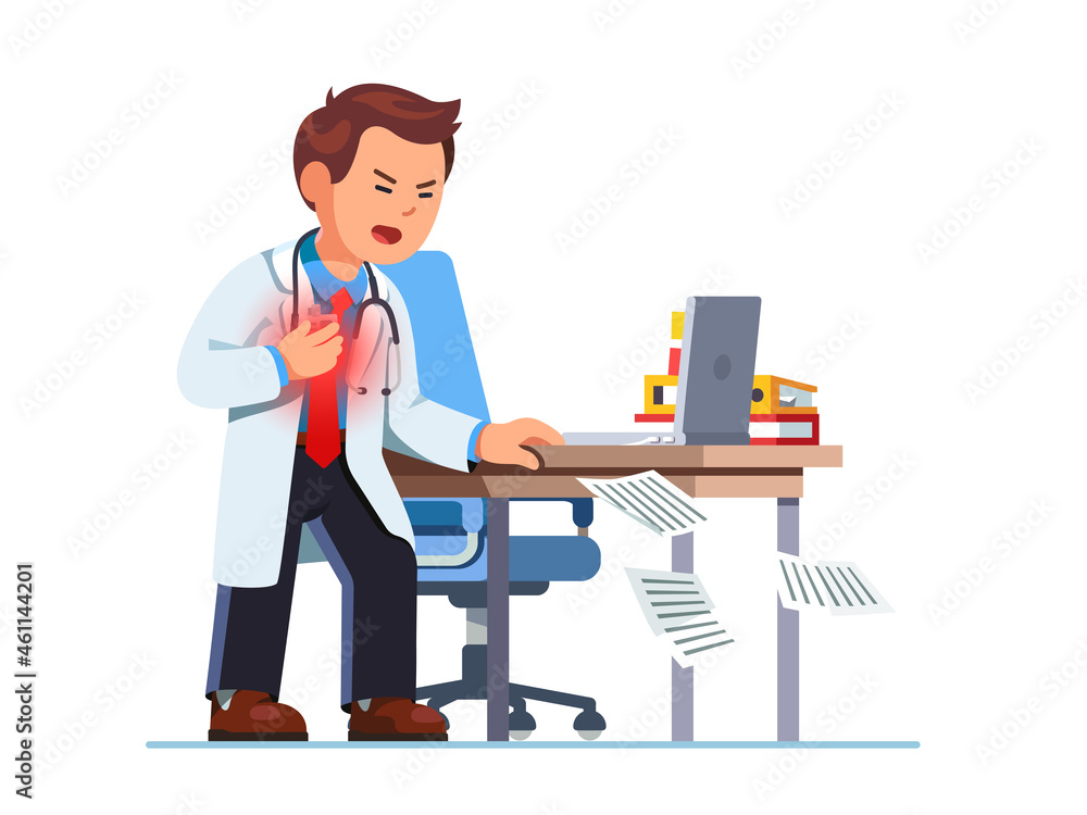 Doctor suffering sudden heart attack at workplace Doctor suffering sudden heart attack at workplace