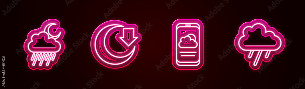 Set line Cloud with rain and moon, Moon, Weather forecast and . Glowing neon icon. Vector Set line Cloud with rain and moon, Moon, Weather forecast and . Glowing neon icon. Vector