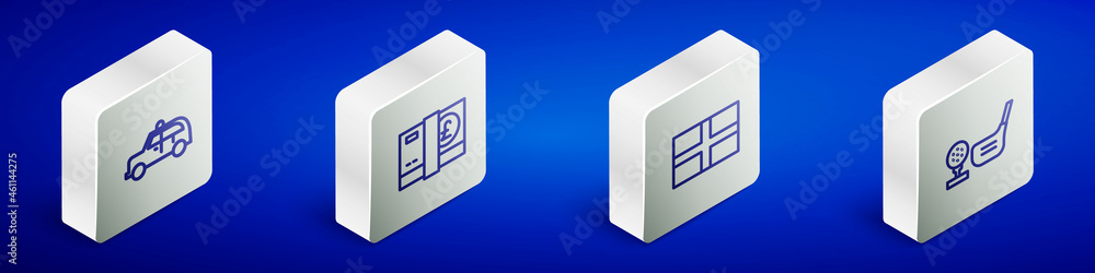 Set Isometric line Taxi car, Pound sterling money, Flag of England and Golf club with ball tee icon. Vector Set Isometric line Taxi car, Pound sterling money, Flag of England and Golf club with ball tee icon. Vector