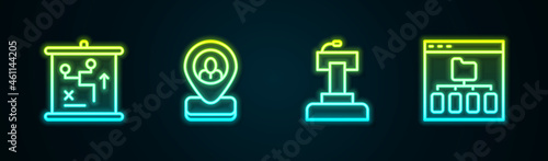 Set line Planning strategy concept, Worker location, Stage stand tribune and Browser files. Glowing neon icon. Vector