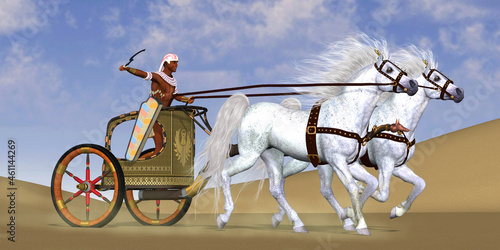 Egyptian Horse Chariot - An Egyptian warrior rides in a chariot with a team of Arabian horses to a battle in ancient Egypt. photo